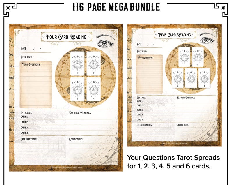 Tarot Journal, Printable Planner Workbook, 116 page MEGA BUNDLE PDF Daily Card Reading Spreads Pendulum Wheel, Mini Card Cutouts x78