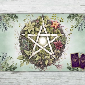 May include: A white pentacle surrounded by a wreath of green and purple foliage, flowers, and vines on a light green background. Two tarot cards with purple backs are in the bottom right corner.