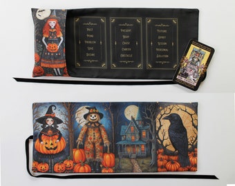 Halloween Pumpkin Tarot Card Wrap, Tarot Storage Pouch Holder Case, Witch Wiccan Supplies, Crow, Pagan Gift, Divination Tool bag, Tarot Gift
