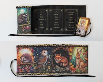 Tarot Card Wrap, Tarot Storage Pouch Holder Case, Witch Wiccan Supplies, Pagan Gift Divination Tool, Altar Cloth Bag, Fox Owl Hedgehog Hare