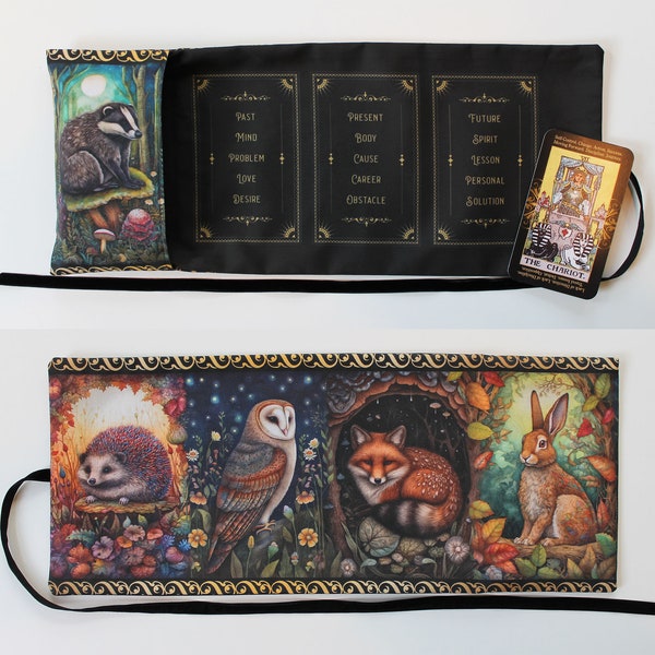 Tarot Card Wrap, Tarot Storage Pouch Holder Case, Witch Wiccan Supplies, Pagan Gift Divination Tool, Altar Cloth Bag, Fox Owl Hedgehog Hare