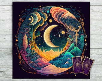 Tarot Altar Cloth with Moon Mountains and Woods. Celestial Tarot Deck for Tarot and Oracle Card Readings. Soft Velveteen Fabric Mat