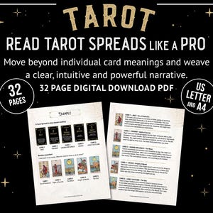 May include: A digital download PDF titled "Tarot: Read Tarot Spreads Like a Pro." The black background features white text and decorative stars. The guide includes 32 pages and is available in US Letter and A4 sizes. Two sample pages are shown.