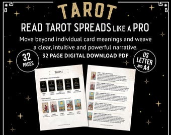 May include: A digital download PDF titled "Tarot: Read Tarot Spreads Like a Pro." The black background features white text and decorative stars. The guide includes 32 pages and is available in US Letter and A4 sizes. Two sample pages are shown.