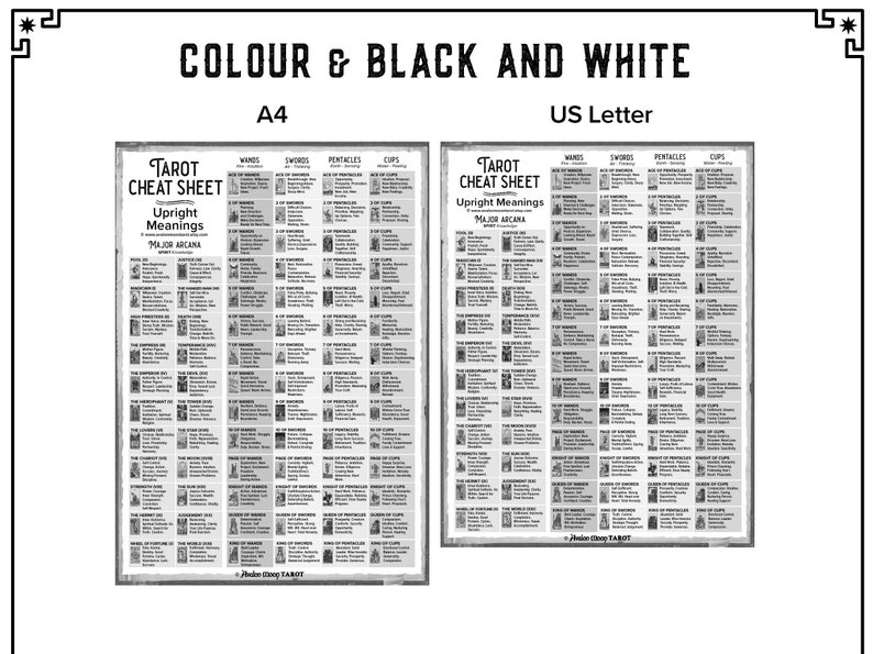 Tarot Cheat Sheet, Printable PDF instant download. Learn tarot the easy way. A4 and US Letter. Upright and Reverse Meanings included.