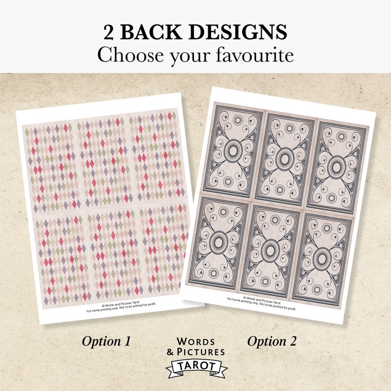 K&ouml;nnte beinhalten: Zwei R&uuml;ckseiten-Designs f&uuml;r Tarotkarten. Option 1 zeigt ein Muster aus rosa, gr&uuml;nen und grauen Diamanten. Option 2 zeigt ein Muster aus schwarzen und wei&szlig;en Spiralen. Der Text "Words & Pictures Tarot" befindet sich am unteren Rand des Bildes.
