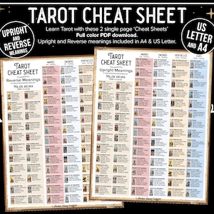 Tarot Spickzettel, druckbare PDF-sofort-Download. Tarot lernen leicht gemacht. A4 und US Letter. Upright und Reverse Bedeutungen enthalten.