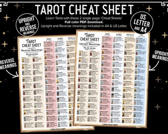 Tarot Cheat Sheet, Printable PDF instant download. Learn tarot the easy way. A4 and US Letter. Upright and Reverse Meanings included.