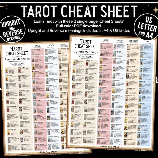Tarot Cheat Sheet, Printable PDF instant download. Learn tarot the easy way. A4 and US Letter. Upright and Reverse Meanings included.