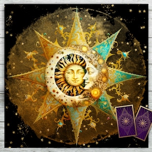 Tarot Altar Tuch mit Sonne Mond. Celestial Tarot Deck Altar Tuch für das Tarot Orakel Kartenlegen. Wicca Pagan Schwarzer Samt Stoff Mondzyklen