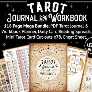 Diario de Tarot Digital, Libro de Trabajo del Planificador Imprimible, 116 páginas MEGA BUNDLE PDF Lectura Diaria de Tarjetas Spreads Rueda de Péndulo, Mini Recortes de Tarjetas x78