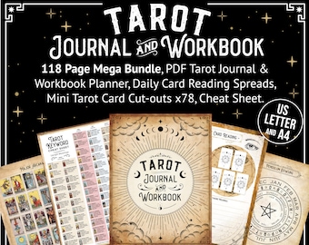 Digital Tarot Journal, Printable Planner Workbook, 116 page MEGA BUNDLE PDF Daily Card Reading Spreads Pendulum Wheel, Mini Card Cutouts x78