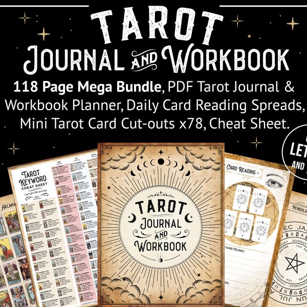 Digital Tarot Journal, Printable Planner Workbook, 116 page MEGA BUNDLE PDF Daily Card Reading Spreads Pendulum Wheel, Mini Card Cutouts x78