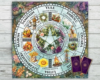 Tarot Altar Cloth with Pagan Calendar Wheel. Wheel of the Year Celtic Festivals and Holidays. Tarot Card Deck Readings. Soft Velvet fabric