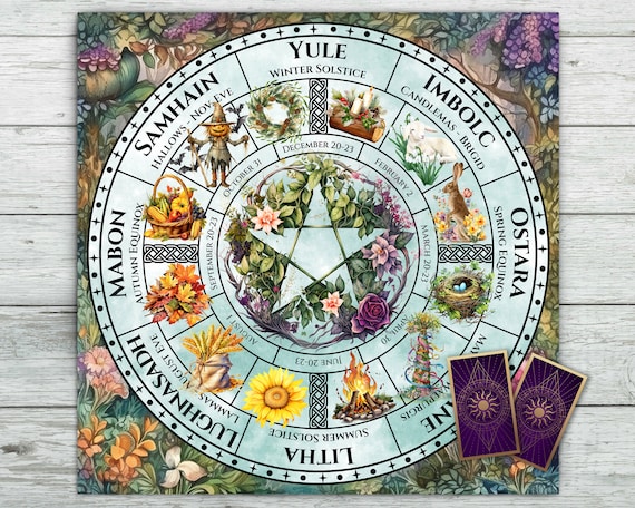Tarot Altar Cloth with Pagan Calendar Wheel. Wheel of the Year Celtic Festivals and Holidays. Tarot Card Deck Readings. Soft Velvet fabric