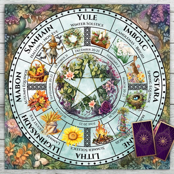 Tarot Altar Cloth with Pagan Calendar Wheel. Wheel of the Year Celtic Festivals and Holidays. Tarot Card Deck Readings. Soft Velvet fabric