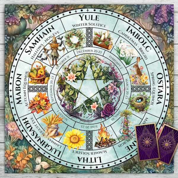 Tarot-altaardoek met heidens kalenderwiel. Wiel van het jaar Keltische festivals en feestdagen. Tarotkaartspellezingen. Zachte fluwelen stof