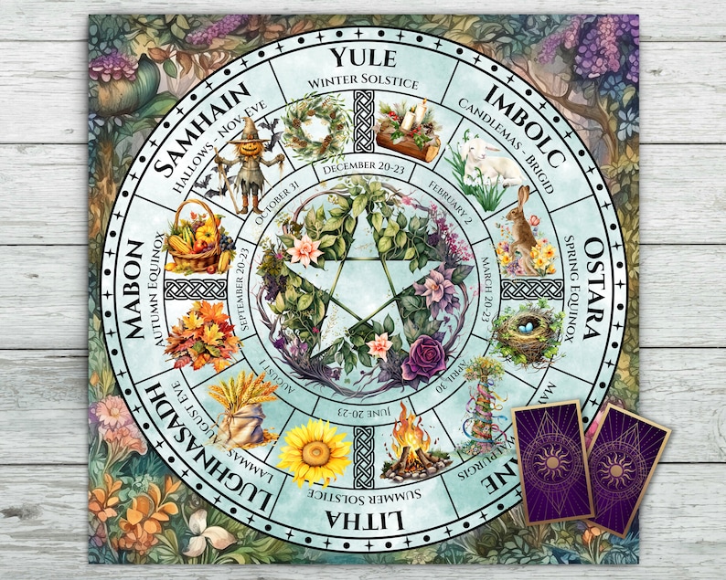 Tarot Altar Cloth with Pagan Calendar Wheel. Wheel of the Year Celtic Festivals and Holidays. Tarot Card Deck Readings. Super Soft Velvet fabric