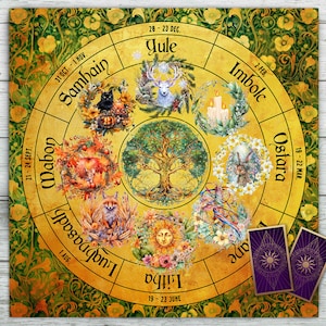 Tovaglia per altare dei tarocchi con ruota del calendario pagano. Ruota dell'anno Feste e festività celtiche. Letture del mazzo di carte dei tarocchi Tessuto in morbido velluto