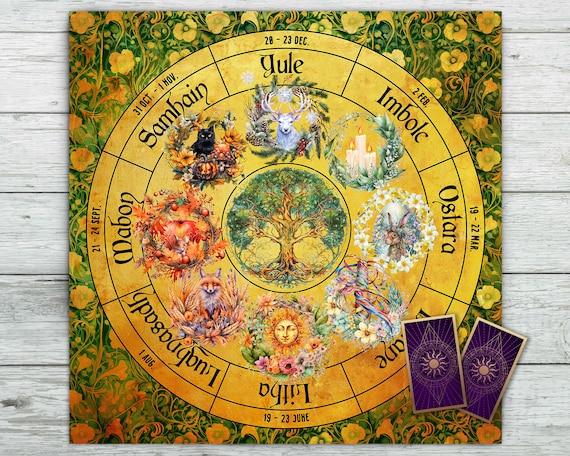 Tarot Altar Cloth with Pagan Calendar Wheel. Wheel of the Year Celtic Festivals and Holidays. Tarot Card Deck Readings Soft Velveteen fabric