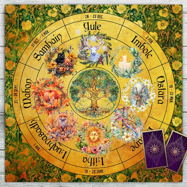 Tarot-altaardoek met heidens kalenderwiel. Wiel van het jaar Keltische festivals en feestdagen. Tarotkaartspelgegevens Zachte katoenfluweel