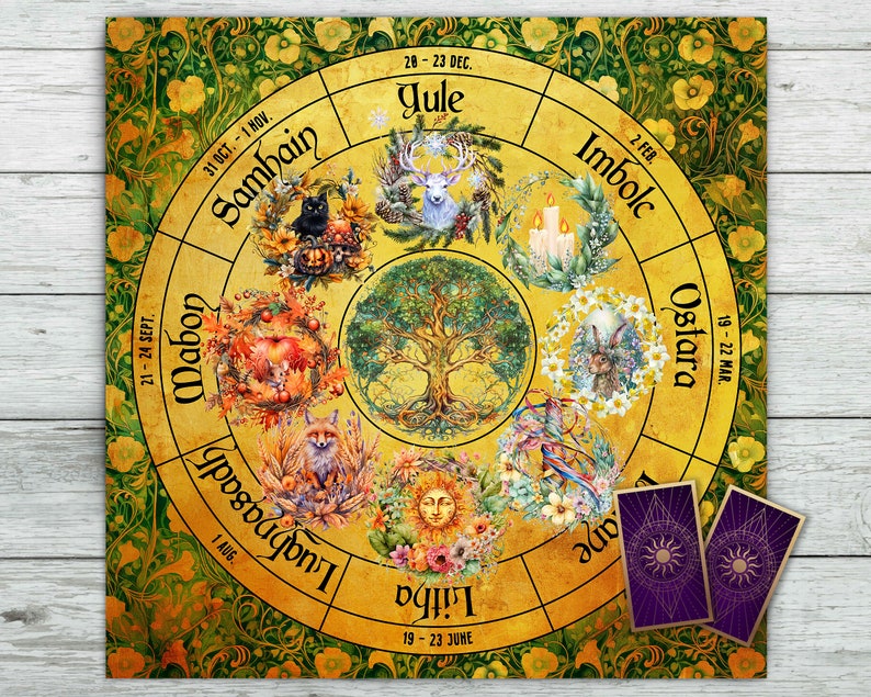 Pode incluir: Um gr&aacute;fico circular com uma &aacute;rvore no centro e oito se&ccedil;&otilde;es ao redor. Cada se&ccedil;&atilde;o &eacute; rotulada com um nome e datas. Os nomes s&atilde;o Samhain, Mabon, Lughnasadh, Litha, Ostara, Imbolc, Yule, e as datas s&atilde;o 31 out.-1 nov., 21-24 set., 1 ago., 19-23 jun., 19-22 mar., 2 fev., 20-23 dez., e 28-23 dez. O gr&aacute;fico &eacute; cercado por uma borda verde e dourada.
