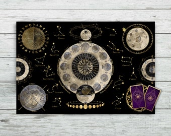 Tarot Cloth with Moon Phases. Celestial Tarot Deck Altar Cloth Oracle Card Readings. Wicca Pagan Black Velveteen. Moon Cycles Zodiac Signs