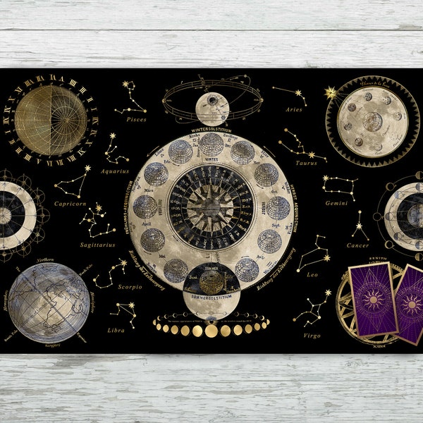 Tarot Cloth with Moon Phases. Celestial Tarot Deck Altar Cloth Oracle Card Readings. Wicca Pagan Black Velvet. Moon Cycles Zodiac Signs