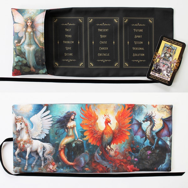 Envoltura de cartas de tarot, estuche de soporte de bolsa de almacenamiento de tarot, suministros de brujas, adivinación de regalos paganos, bolsa de tela de altar, sirena de hada dragón mítica