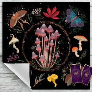 Tarot Altar Cloth with Moths, Mushrooms and Fungi. Celestial Tarot Deck for Tarot and Oracle Card Readings. Black Velvet fabric