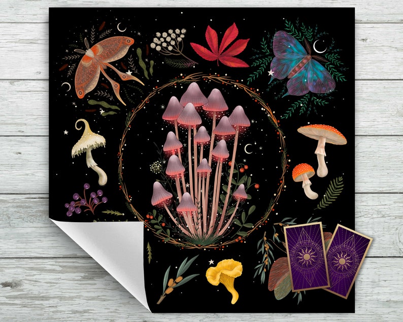 Tarot Altar Cloth with Moths, Mushrooms and Fungi. Celestial Tarot Deck for Tarot and Oracle Card Readings. Black Velvet fabric