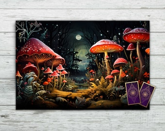 Tarot Altar Cloth with Mushrooms, moon and Fungi in Cottagecore aesthetic. Tarot Deck for Oracle Card Readings. Black Velvet fabric material