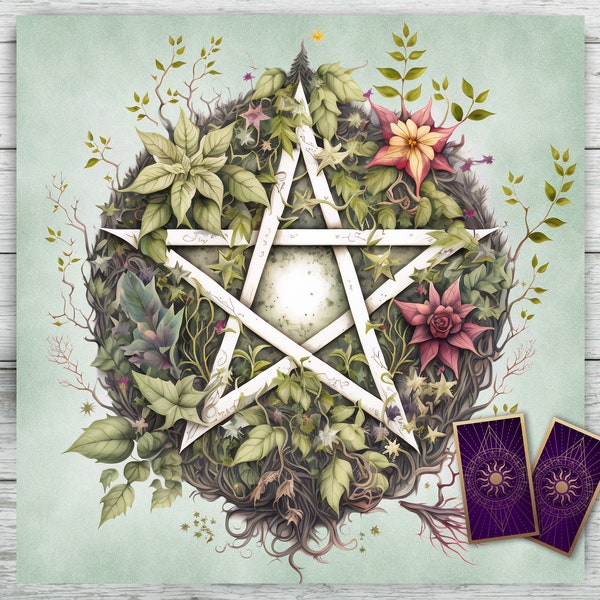 Tarot Altar Cloth Pentacle Pentagram, Rune Casting, Woodland. Wicca Witch Pagan decor. Tarot, Oracle Card Readings Velvet Fabric Tarot Mat