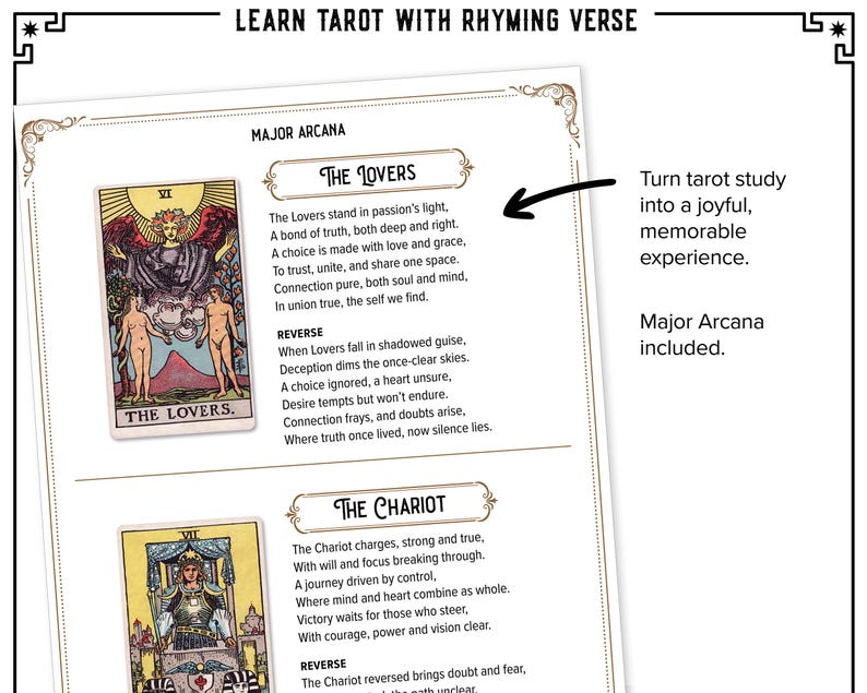 Learn Tarot with rhyming verse. Make learning tarot fun and easy with these engaging & catchy rhyming poems. Digital download PDF