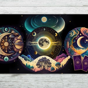 Tovaglia per altare dei tarocchi con Lune, Pianeti, Stelle e Universo. Mazzo di tarocchi celesti per letture di tarocchi e carte dell'oracolo. Tessuto in morbido velluto