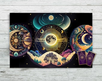 Tarot Altar Cloth with Moons Planets, Stars and Universe. Celestial Tarot Deck for Tarot and Oracle Card Readings. Soft Velveteen Fabric