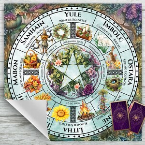 Tarot Altar Cloth with Pagan Calendar Wheel. Wheel of the Year Celtic Festivals and Holidays. Tarot Card Deck Readings. Super Soft Velvet fabric
