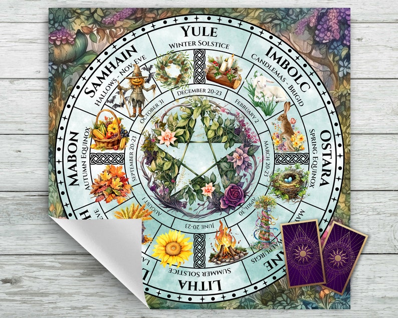 Tarot Altar Cloth with Pagan Calendar Wheel. Wheel of the Year Celtic Festivals and Holidays. Tarot Card Deck Readings. Super Soft Velvet fabric