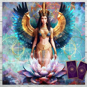 May include: Digital art print depicting a woman in gold and blue, with large, ornate wings. She stands on a lotus flower, with two tarot cards in the foreground. The background has a watercolour effect with geometric shapes.