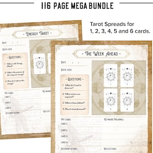 Tarot Journal, Printable Planner Workbook, 116 page MEGA BUNDLE PDF Daily Card Reading Spreads Pendulum Wheel, Mini Card Cutouts x78