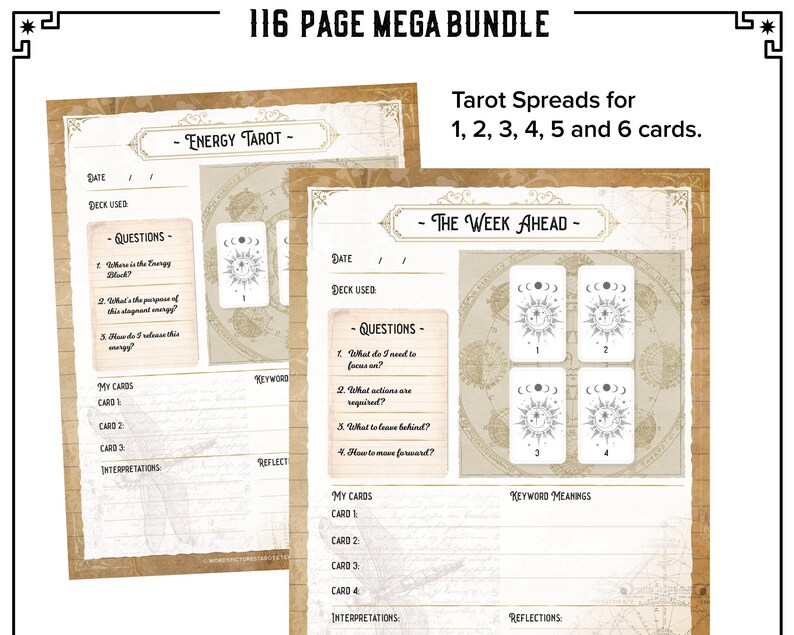 Tarot Journal, Printable Planner Workbook, 116 page MEGA BUNDLE PDF Daily Card Reading Spreads Pendulum Wheel, Mini Card Cutouts x78