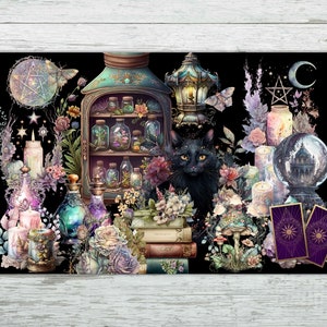 Tarot altaarkleed heks apotheker kruiden ontwerp. Black Cat, kaarsen, paddenstoelen. Hekserijcadeau Waarzeggerij Orakellezing. Zacht fluweel