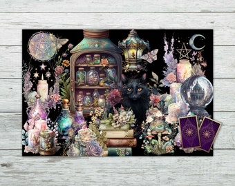 タロットの祭壇布、魔女の薬草デザイン。黒猫、キャンドル、キノコ。魔術の贈り物、占い、オラクルリーディング。柔らかなベルベット素材