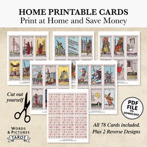 K&ouml;nnte beinhalten: Druckbare Tarotkarten mit bunten Illustrationen. Das Set enth&auml;lt 78 Karten und 2 umgekehrte Designs. Die Karten sind zum Ausschneiden und f&uuml;r Tarot-Lesungen bereit.