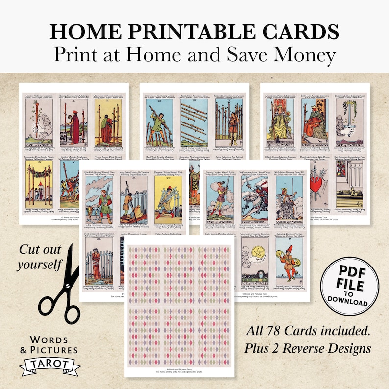 K&ouml;nnte beinhalten: Druckbare Tarotkarten mit bunten Illustrationen. Das Set enth&auml;lt 78 Karten und 2 umgekehrte Designs. Die Karten sind zum Ausschneiden und f&uuml;r Tarot-Lesungen bereit.