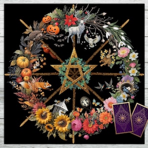 Tarot Altar Cloth, Oracle Card Reading, Pagan Gift, Seasons Spring Summer Autumn Winter, Hare, Pentagram Pentangle Moon Phase, Animals