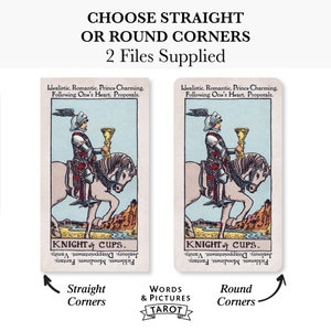 K&ouml;nnte beinhalten: Zwei Versionen der Tarotkarte Ritter der Kelche, eine mit geraden Ecken und eine mit abgerundeten Ecken. Die Karte zeigt einen Ritter, der auf einem wei&szlig;en Pferd reitet und einen goldenen Kelch h&auml;lt. Der Text auf der Karte lautet "Ritter der Kelche". Der Text unter den Karten lautet "Gerade Ecken" und "Abgerundete Ecken".