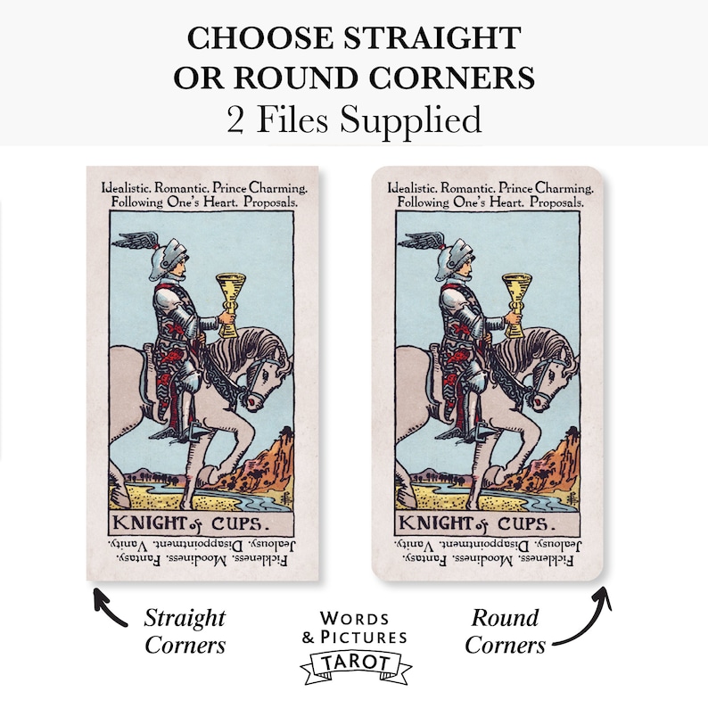 K&ouml;nnte beinhalten: Zwei Versionen der Tarotkarte Ritter der Kelche, eine mit geraden Ecken und eine mit abgerundeten Ecken. Die Karte zeigt einen Ritter, der auf einem wei&szlig;en Pferd reitet und einen goldenen Kelch h&auml;lt. Der Text auf der Karte lautet "Ritter der Kelche". Der Text unter den Karten lautet "Gerade Ecken" und "Abgerundete Ecken".