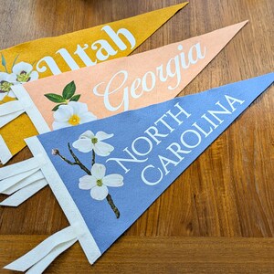 May include: Three felt pennants in yellow, peach, and blue, each with a state name in white script. Floral illustrations and white fringe adorn the pennants. The states are Utah, Georgia, and North Carolina.
