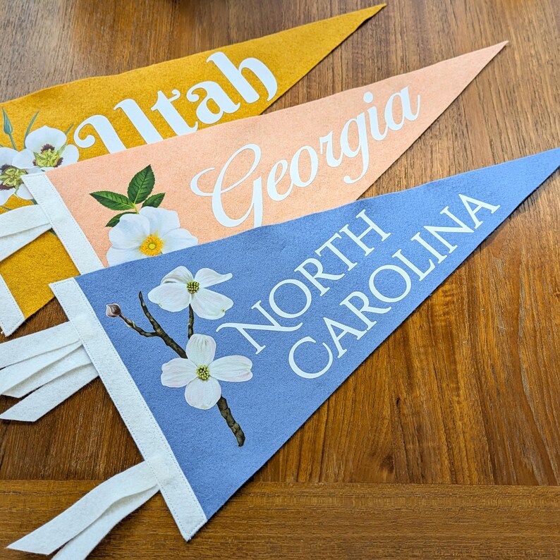 May include: Three felt pennants in yellow, peach, and blue, each with a state name in white script. Floral illustrations and white fringe adorn the pennants. The states are Utah, Georgia, and North Carolina.